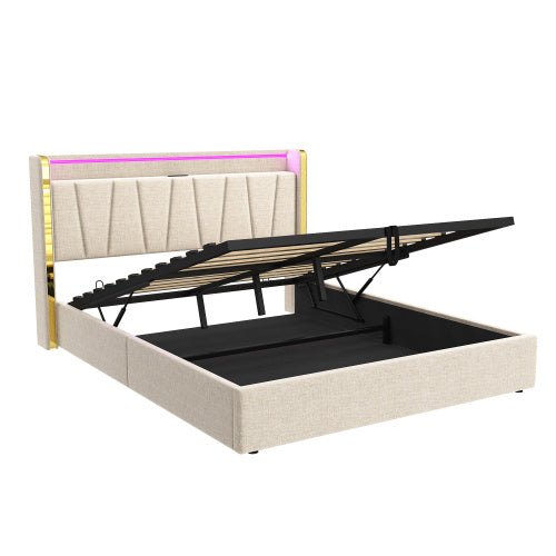 UK Local 4ft6 Double Upholstered Bed Frame With Hydraulic Storage, LED Headboard With Charging Station And Chrome Trim, USB And Type - C Ports, Linen, No Box Spring Needed, Beige