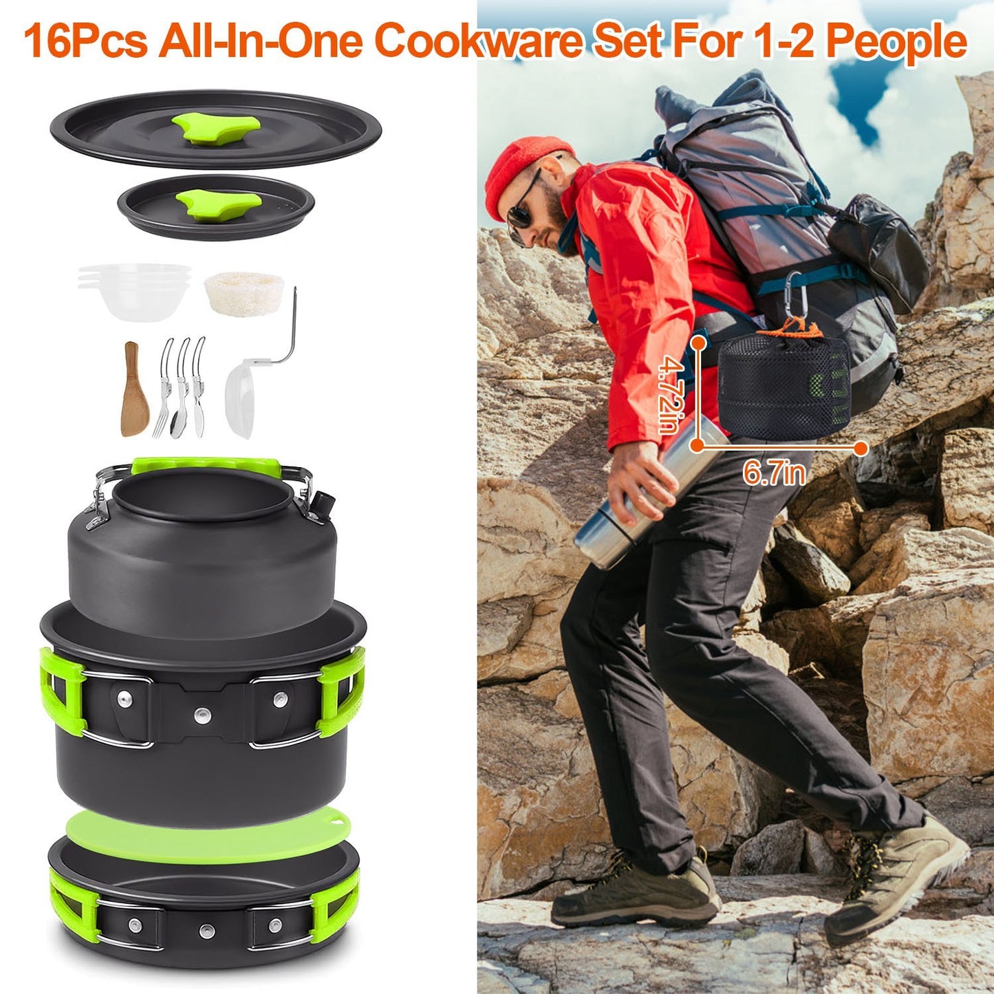US Local 16Pcs Camping Cooking Ware Set Camping Stove Cookware Kit Aluminum Pot Pan Kettle Set With Bowls Knife Fork Spoon Carabiner Spatula Cutting Board For Hiking Picnic Outdoor