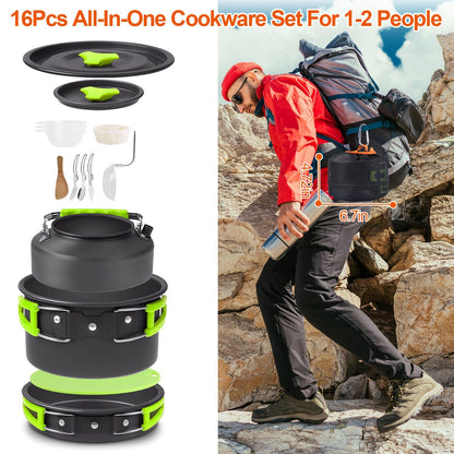 US Local 16Pcs Camping Cooking Ware Set Camping Stove Cookware Kit Aluminum Pot Pan Kettle Set With Bowls Knife Fork Spoon Carabiner Spatula Cutting Board For Hiking Picnic Outdoor