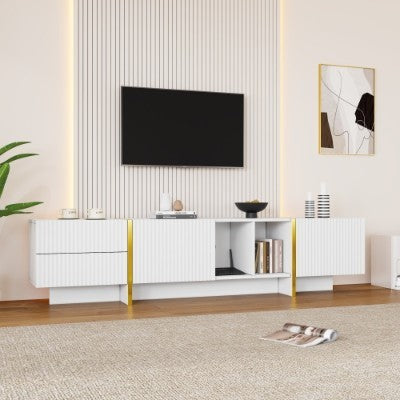 UK Local TV Stand For 85inch TV, Entertainment Center With Storage Cabinet And Open Shelves, Embossed Pattern TV Stand, TV Cabinet And Media Console For Living Room, Bedroom, White