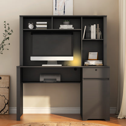 US Local Computer Desk With Hutch & Bookshelf,Wood Executive Desk Teens Student Desk Writing Laptop Home Office Desk With Drawers,3 AC Outlets And 2 USB Charging Ports,Study Laptop Table For Home