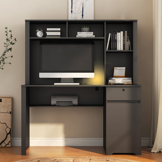 US Local Computer Desk With Hutch & Bookshelf,Wood Executive Desk Teens Student Desk Writing Laptop Home Office Desk With Drawers,3 AC Outlets And 2 USB Charging Ports,Study Laptop Table For Home