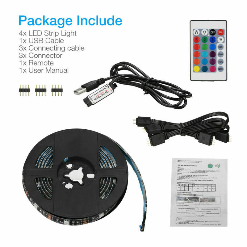 US Local 4x50CM USB 5V RGB LED Strip  Background Light  Remote Kit For TV Computer Lamp