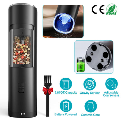 US Local Electric Salt And Pepper Grinder Automatic Gravity Sensor Battery Powered Salt Mill LED Indicator Adjustable Coarseness One Hand Easy Operation