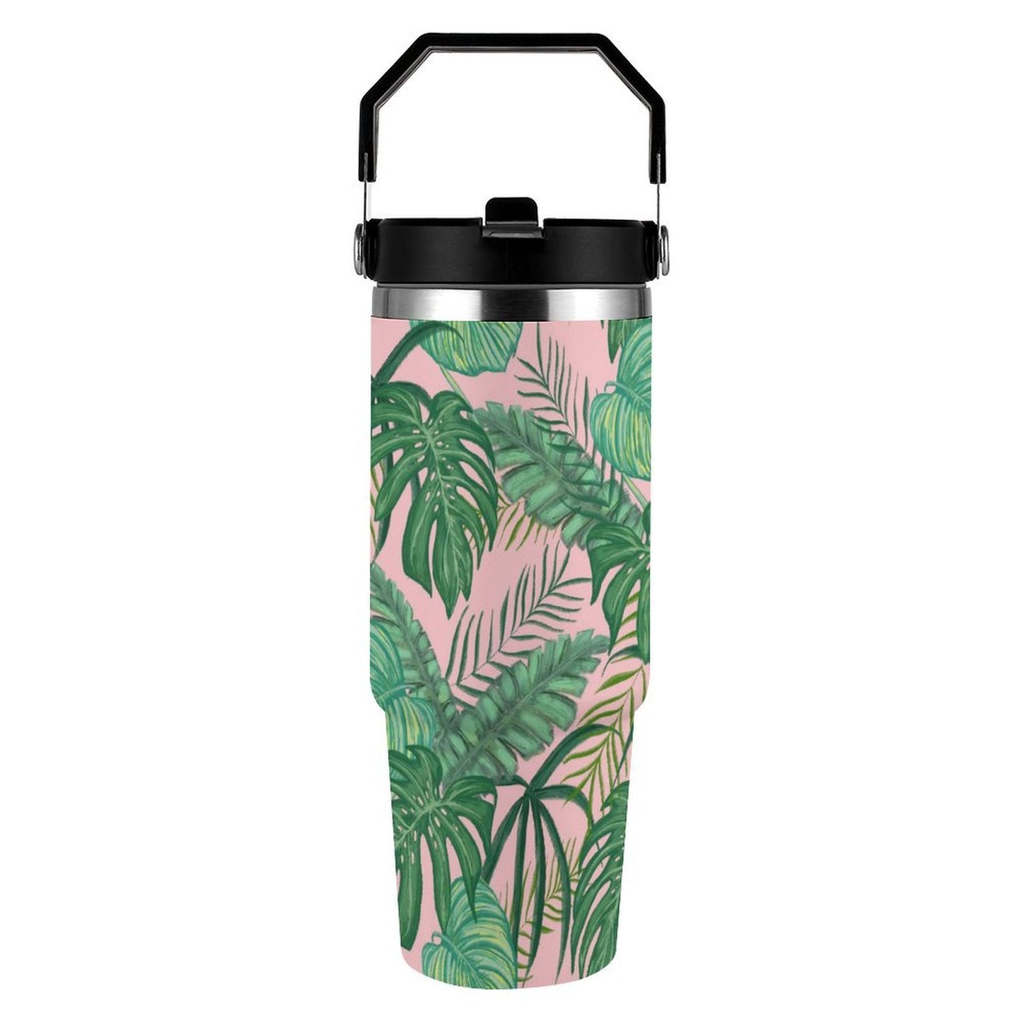 POD US Local Tumbler 30oz Large Capacity Car Cup Tropical, Monstera, Pink Background, Greenery Style