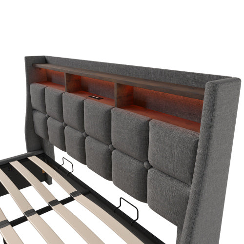 UK Local Upholstered Double Bed 180 X 200 Cm Cm With LED Lighting, USB Type-C Charging Function, Storage Headboard, 6FT Super King Size Storage Bed Frame With Metal Slatted Frame, Linen, Grey No Mattress