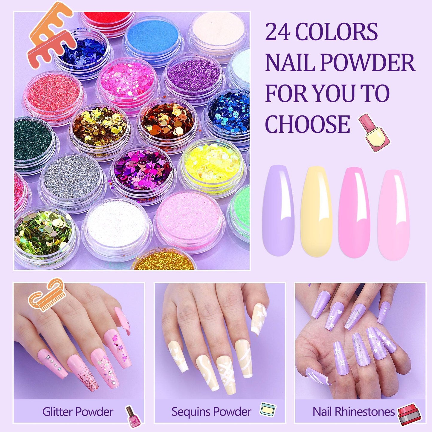 US Local Acrylic Nail Kit W UV Light,w 24 Glitter Colors Acrylic Powder Monomer Liquid