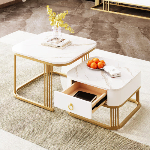 UK Local Nestable Coffee Table High Gloss Marble Exterior, Gold Accents, Side Table With Drawer. Set Of Two