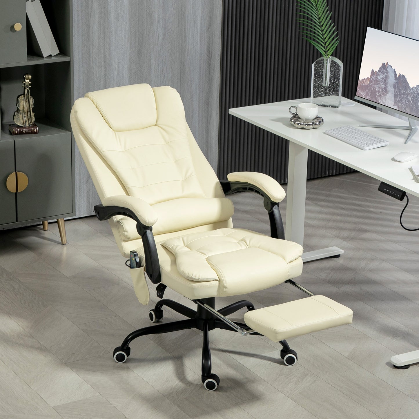 US Local 7-Point Vibrating Massage Office Chair High Back Massaging Office Desk Chair With Lumbar Support, Footrest, Cream White