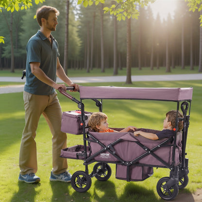 US Local Wagon Stroller For 2 Kids, Push Pull Quad Collapsible Stroller With Adjustable Handle, Encircling Harness Removable Canopy,4 Wheels W/ Brakes,Mutifunction Tandem Stroller For Camping Dark Purple