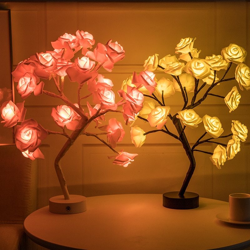 USA Local Rose Flower Lamp USB Battery Operated LED Table Lamp Bonsai Tree Night Lights Garland Bedroom Decoration Lights Home Decor