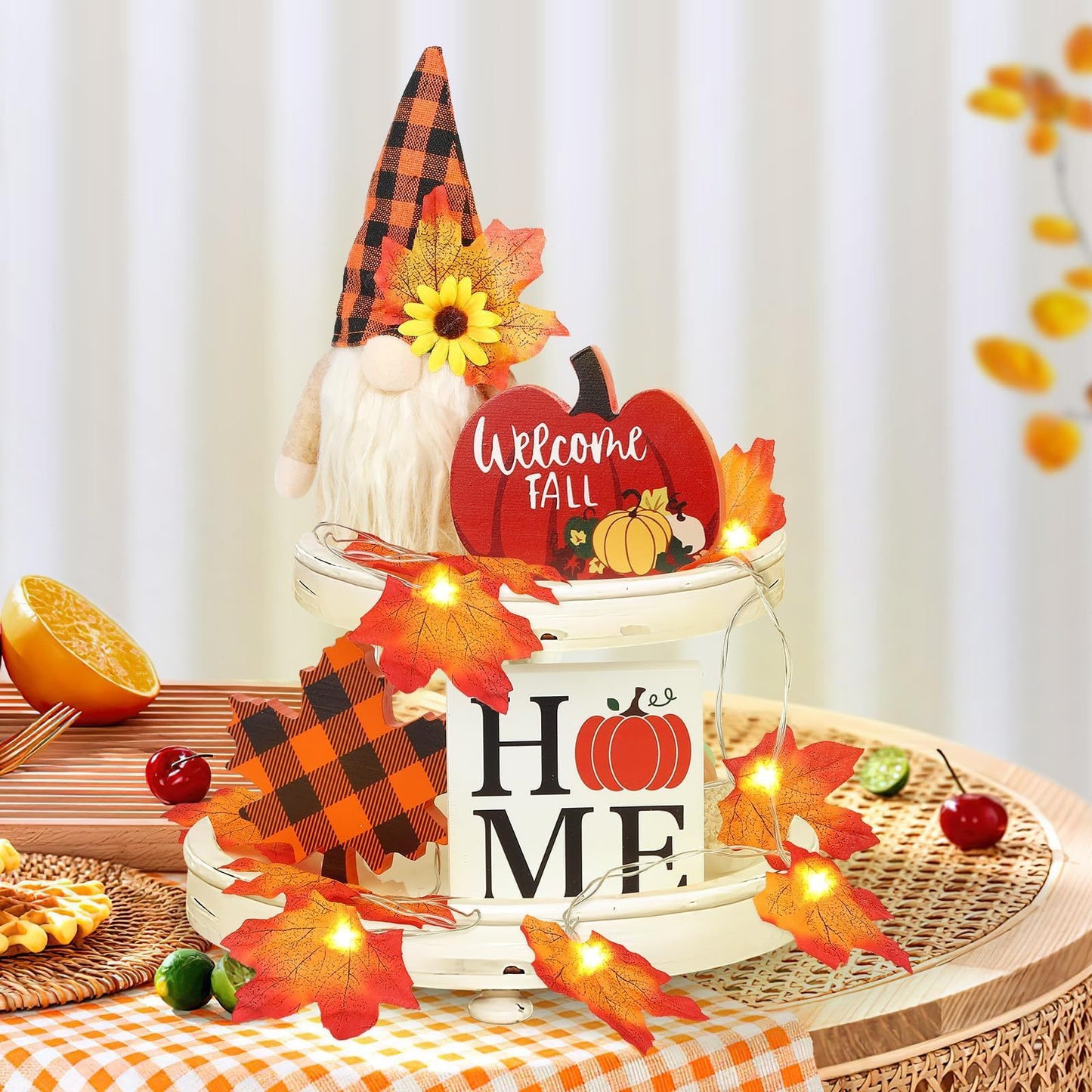 US Local Fall Gnome Tiered Tray Decorations Set Farmhouse Pumpkin Decor Autumn Maple Leaf Table Centerpieces With Fall String Lights Thankgiving Day Fall Greeting Card Autumn Harvest Decorations