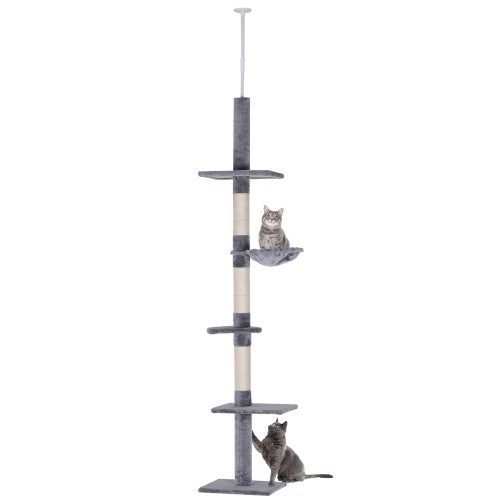 US Local PawHut 9' Adjustable Height Floor-To-Ceiling Vertical Cat Tree - Grey And White