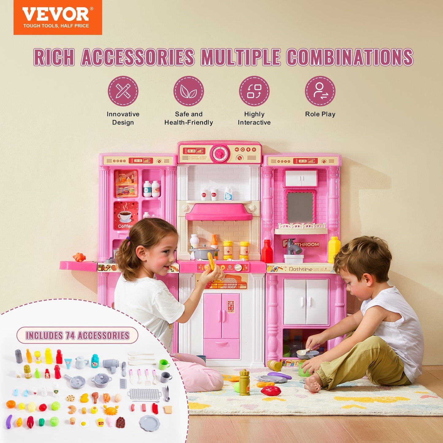 US Local Christmas Gift  VEVOR Kitchen Playset Kids Pretend Cooking Play Toy 74 Piece Accessories