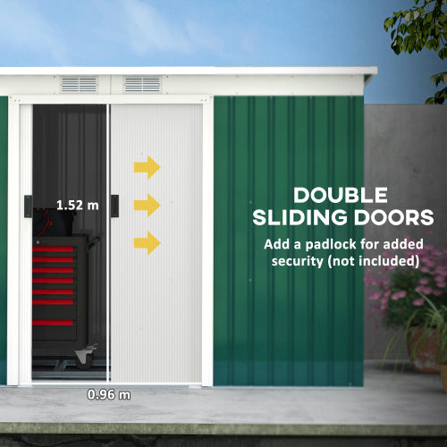 UK Local Outsunny 9ft X 4ft Metal Garden Shed, Outdoor Tool House With Foundation Kit, Ventilations And Double Doors, Deep Green