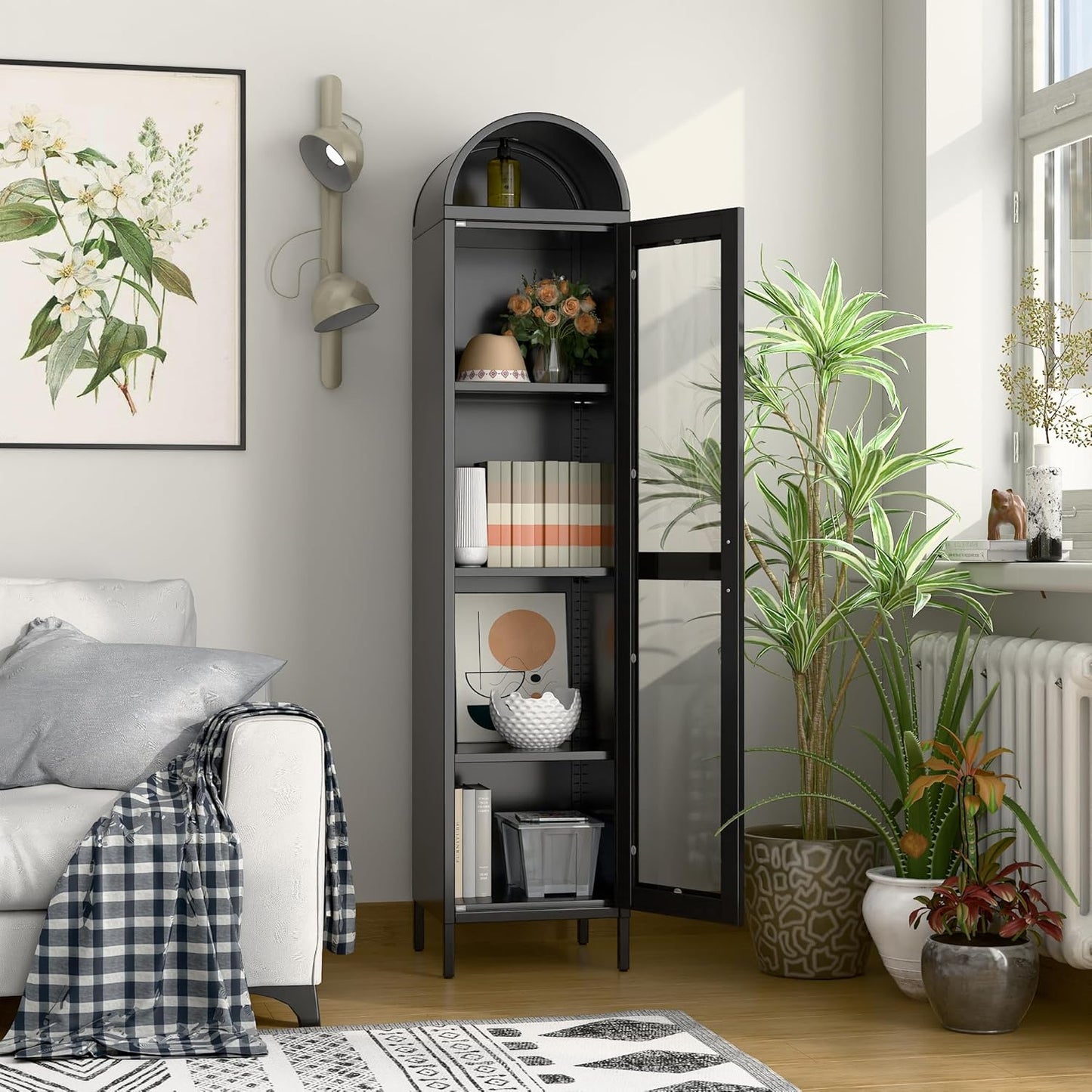 US Local 73 In Tall Metal Arched Cabinet, Kitchen Pantry Cabinet With Glass Door, Modern Farmhouse Arched Bookcase With 3 Adjustable Shelves For Dining Room And Living Room, Black, Assembly Required