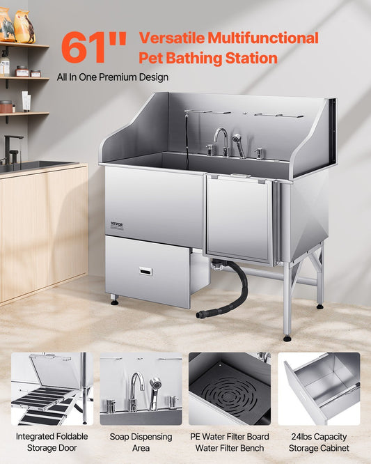 US Local 61 Inch Dog Grooming Bath Tub Stainless Steel W Ramp Water Filter