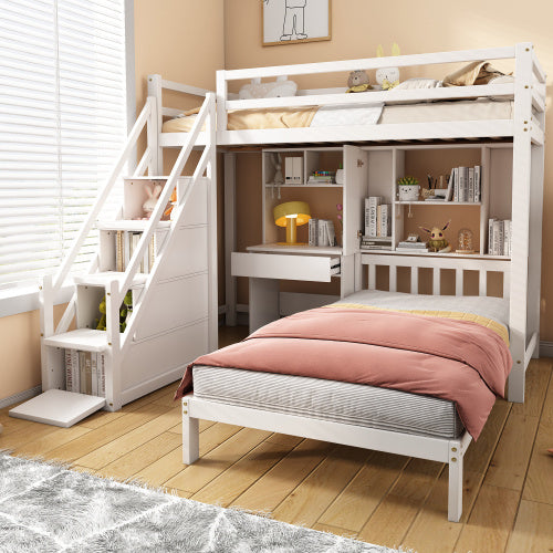 UK Local Wood House Bunk Bed 90x190 Cm,Bunk Bed, Double Bed, Multifunctional Children's Bed, Storage Space Function, With Desk And Shelves, With Slatted Frame, White