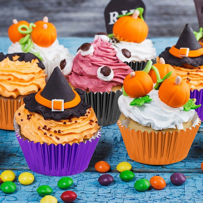 US Local 300 Pcs Halloween Foil Cupcake Liners Black Purple Orange Foil Metallic Cupcake Wrappers Halloween Party Standard For Halloween Party Birthday