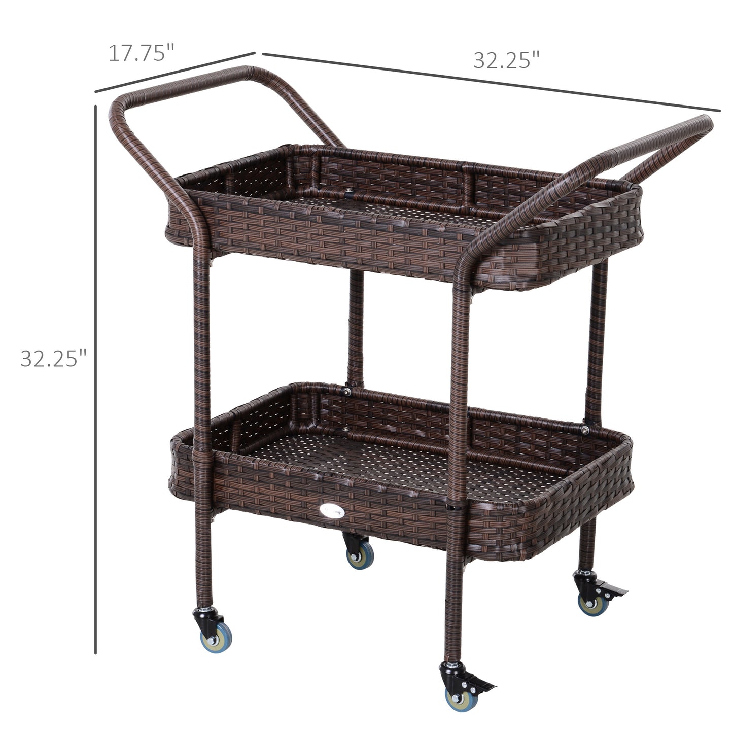 US Local Rattan Wicker Outdoor Kitchen Trolley, Rolling Serving Cart With 2 Tray Shelves, Brown