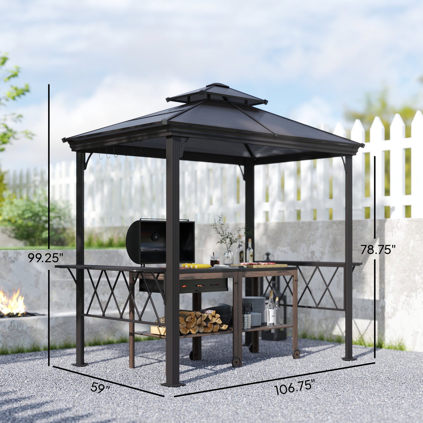 US Local Outside Porch BBQ Cooking Pergola Canopy With 6 Hooks For Utensils And Double Venting Roof, Coffee