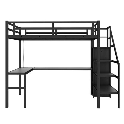US Local Twin XL Size Loft Bed With L-shaped Desk And USB, Metal Loft Bed With Wardrobe And Adjustable Shelf, High Loft Bed With LED For Kids Teens Adults, Black
