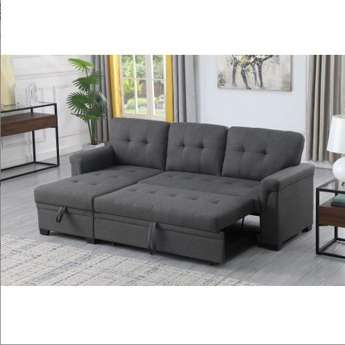 US Local Dark Gray Linen Reversible Sleeper Sectional Sofa With Storage Chaise