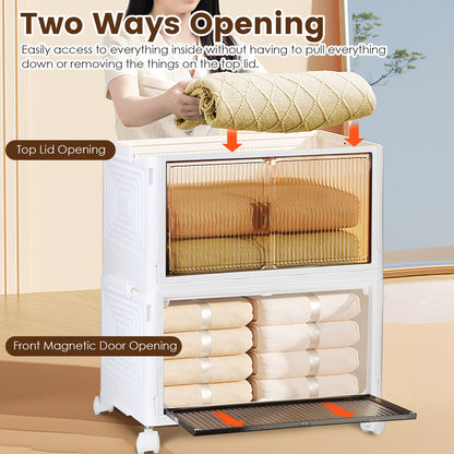 US Local 4Pc Foldable Storage Bins With Lid Front Magnetic Door Collapsible Stackable Closet Organizer Containers With 4Pcs 360 Degree Rotatable Wheels