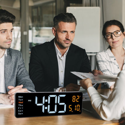 US Local 15.7in LED Digital Wall Clock With Remote Control 10 Level Brightness 3 Alarm Settings 12-24Hr Format Timing Countdown Temperature Calendar Display Decorative Clock For Office Home