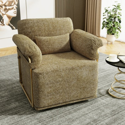 US Local 360 Degree Square Swivel Accent Sofa Chair,Fluffy Fabric Lounge Wide Upholstered Reading Chair With Gold Metal Legs, Comfortable Armchair For Living Room,Bedroom,Office