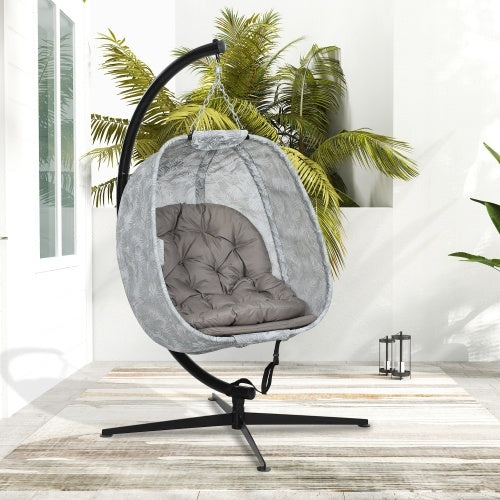 UK Local Outsunny Hanging Egg Chair Outdoor Indoor Garden Swing Chair With Folding Basket, Garden Hanging Chair With Stand, Thickened Cushion, Cup Holder For Patio, Balcony