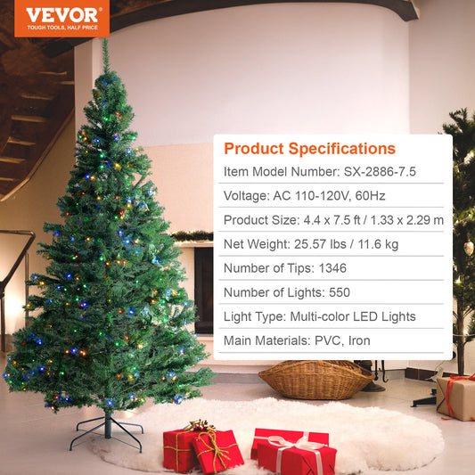US Local VEVOR Christmas Tree, 7.5ft Prelit Artificial Xmas Tree, Full Holiday Decor Tree With 550 Multi-Color LED Lights, 1346 Branch Tips, Metal Base For Home Party Office Decoration