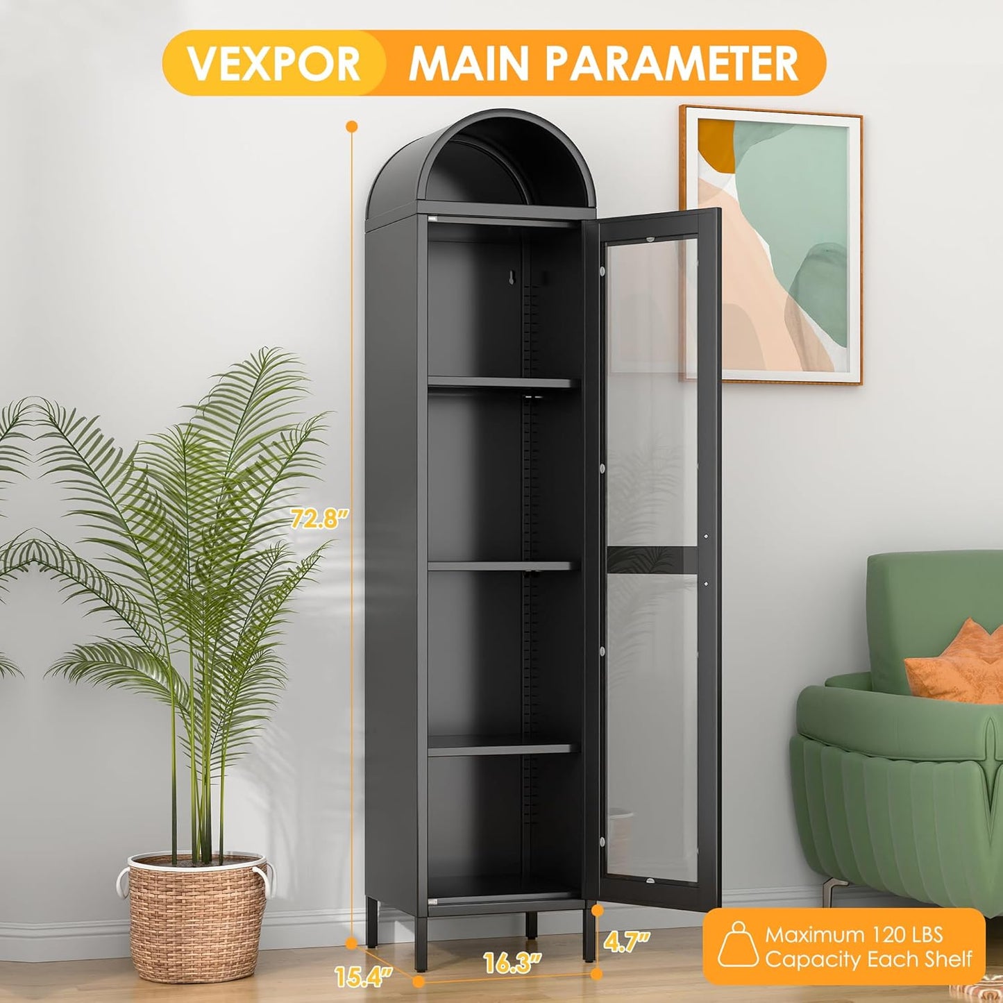 US Local 73 In Tall Metal Arched Cabinet, Kitchen Pantry Cabinet With Glass Door, Modern Farmhouse Arched Bookcase With 3 Adjustable Shelves For Dining Room And Living Room, Black, Assembly Required