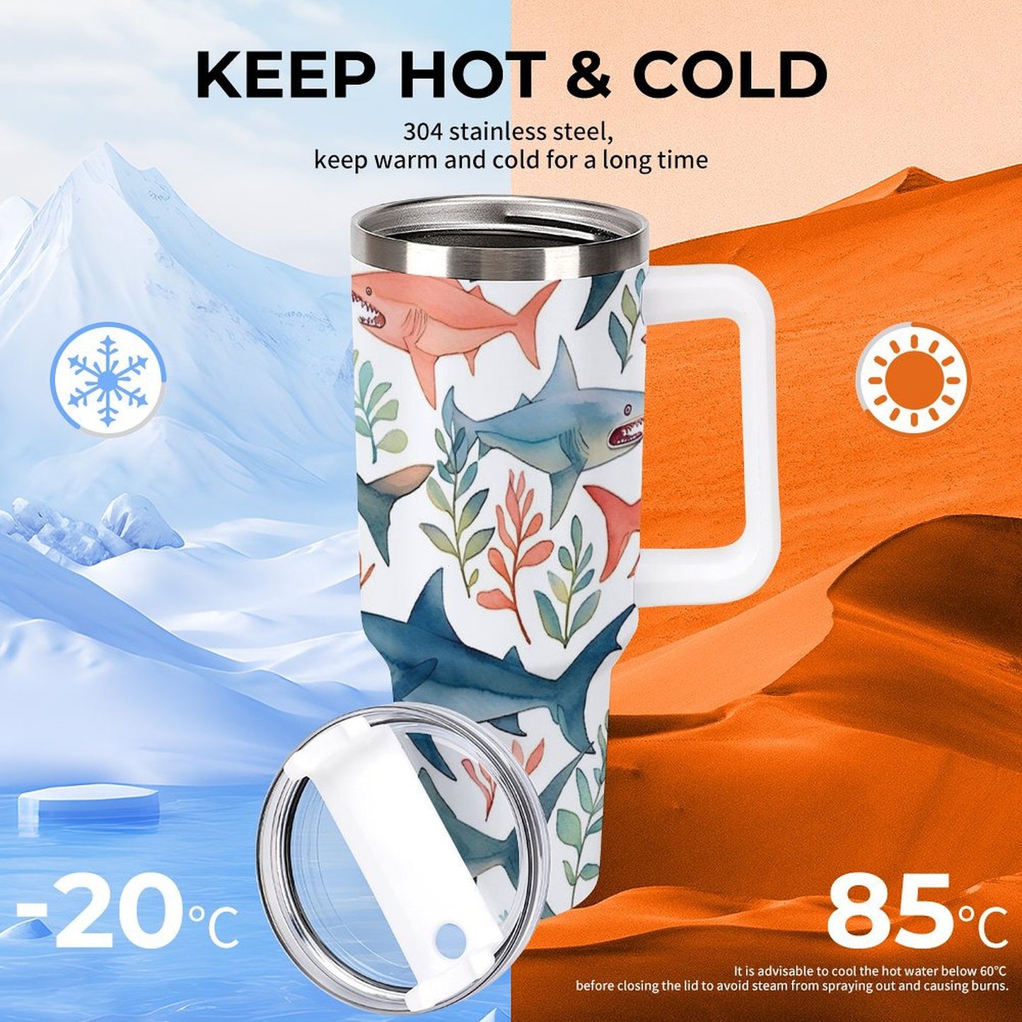 PHDT00215 POD US Local Tumbler 40oz Large Capacity Car Cup Ocean Shark