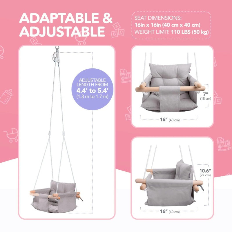 US Local Canvas Baby Swing Wooden Hanging Swing Seat Chair With Safety Belt Durable Baby Swing Chair Outdoor And Indoor Swing For Kids Mounting Hardware Included Taupe Gray