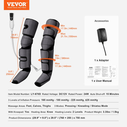 US Local VEVOR Full Leg Massager, Air Compression Leg Massager For Foot Calf Thigh Knee, 2 Knee Heating Levels, 3 Modes & 3 Intensities, Leg Compression Massage Boots For Circulation, Swelling And Pain Relief
