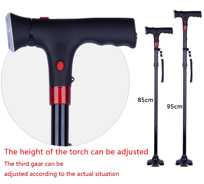 UK Local Adjustable Walking Stick Cane With LED Flashlight SOS Alarm Button For Senior Travel Hiking Trekking Pole Folding Crutch Handle Strap 5 Gears