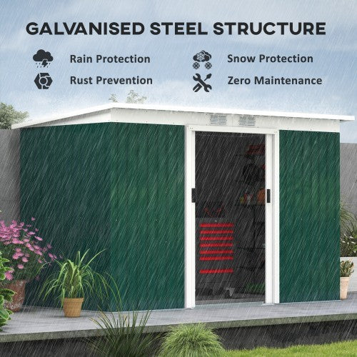 UK Local Outsunny 9ft X 4ft Metal Garden Shed, Outdoor Tool House With Foundation Kit, Ventilations And Double Doors, Deep Green
