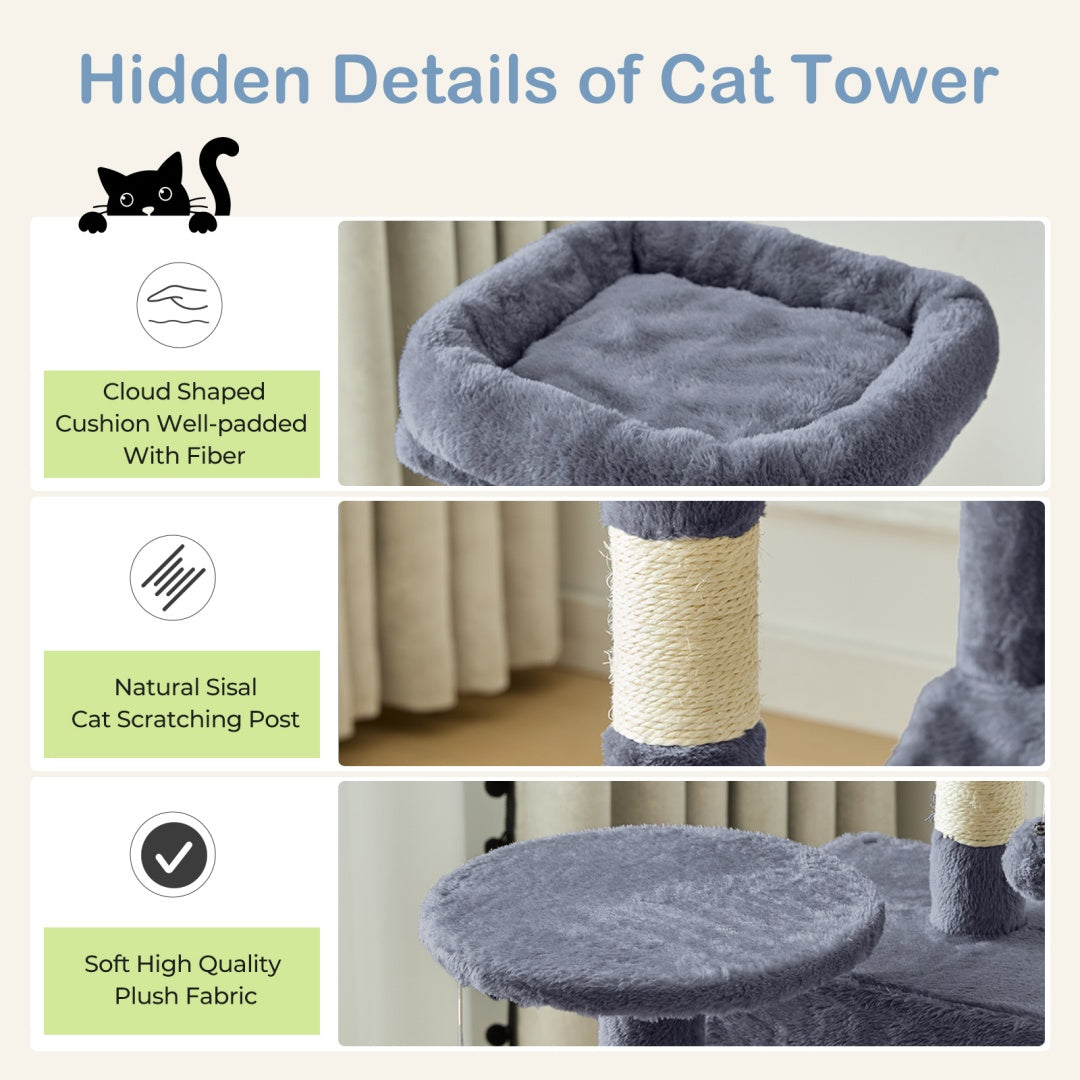 US Local 44 Inch Cat Tree Tower, Multi-Cat Climbing Tower With, Natural Sisal Scratching Posts, Extended Platform, Hammock