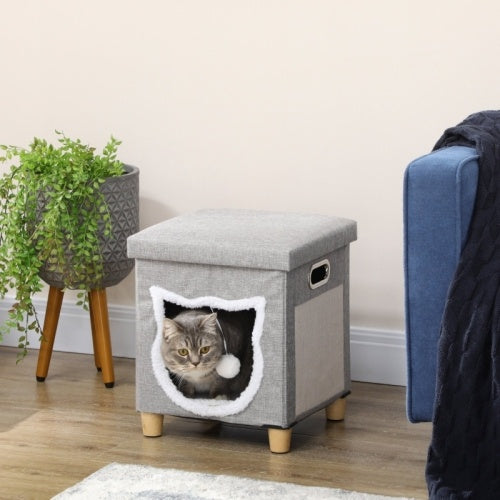 UK Local PawHut Cat House Cave, Cat Bed Cube With Scratching Pad, Soft Detachable & Washable Cushion, Toy Ball, For Indoor Kittens, Grey