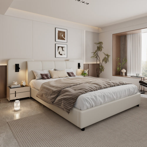 UK Local Upholstered Bed, With Charging Port And Lighting, 4ft6 Double Bed 135x190cm, Soft Sponge Headboard Backrest, Anti-collision Sponge Filling, PU  Plywood,