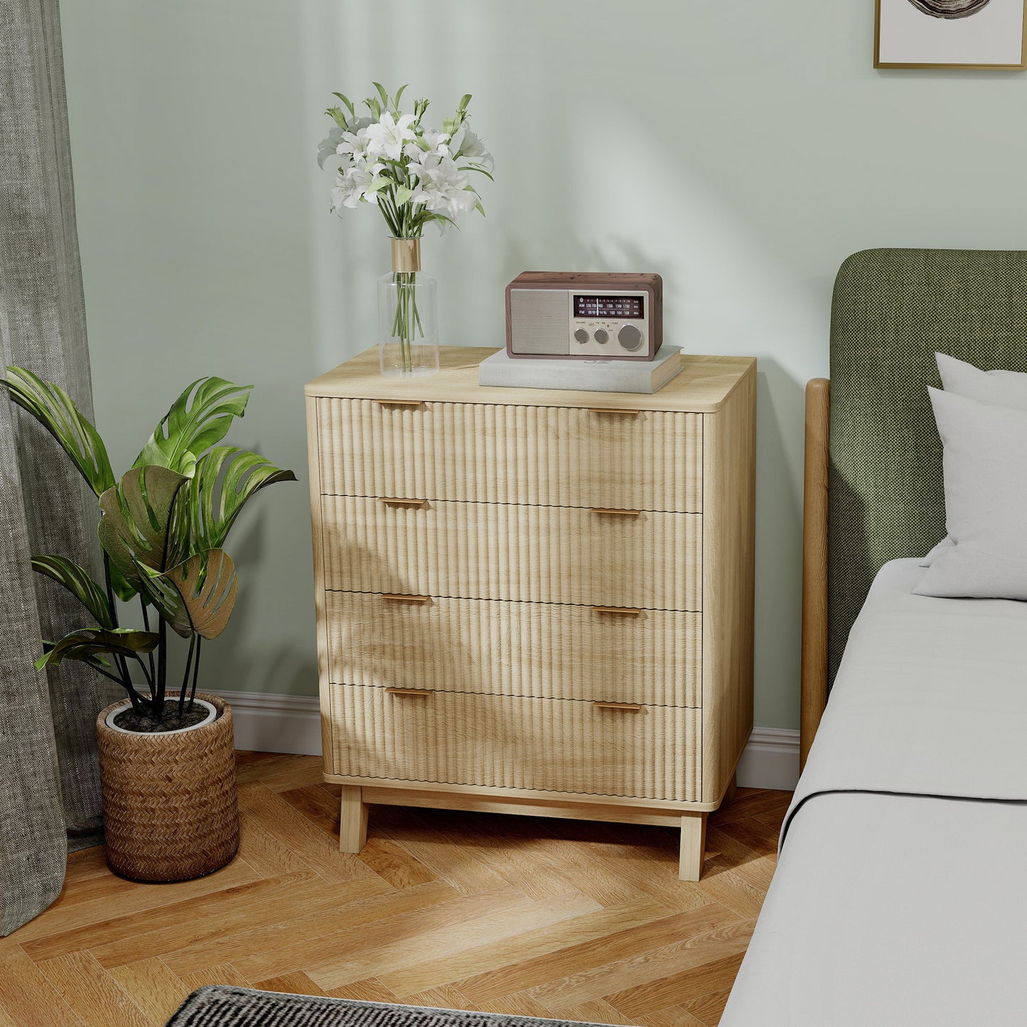 US Local 4 Drawer Double Dresser For Bedroom, Fluted Chest Of Drawers With Gold Finger Pulls And 4 Wood Legs, Natural Wood