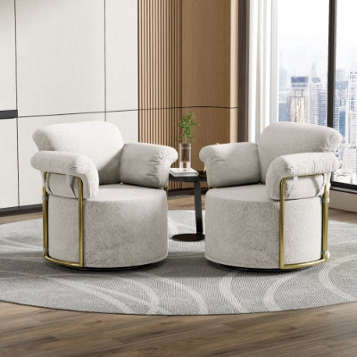 US Local 360 Degree Barrel Swivel Accent Sofa Chair,Fluffy Fabric Lounge Wide Upholstered Reading Chair With Gold Metal Legs, Comfortable Round Armchair For Living Room,Bedroom,Office