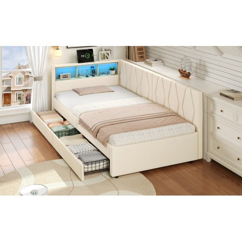 UK Local 3ft Single Daybed With Two Storage Drawers, LED Modern Bed Frame With Charging Station, Linen Sofa Bed For Living Room Bedroom Study Room, 90X190cm, Easy Assembly, Beige