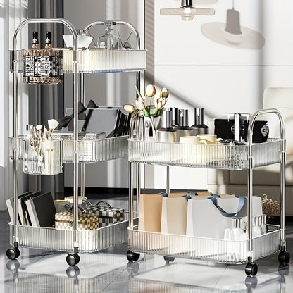 US Local Modern Storage Three-Tier Acrylic Cosmetic Cart With Wheels - Transparent Bathroom And Living Room Storage, Portable Cosmetic Storage Box