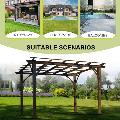 US Local 12' X 10' Outdoor Pergola, Wood Grape Gazebo For Climbing Plant Support, Garden, Patio, Backyard, Deck, Brown