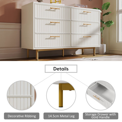 UK Local Sideboard Cabinet For Living Room, Chest Of Drawers With 6 Drawers, White, 40D X 120W X 75H CM