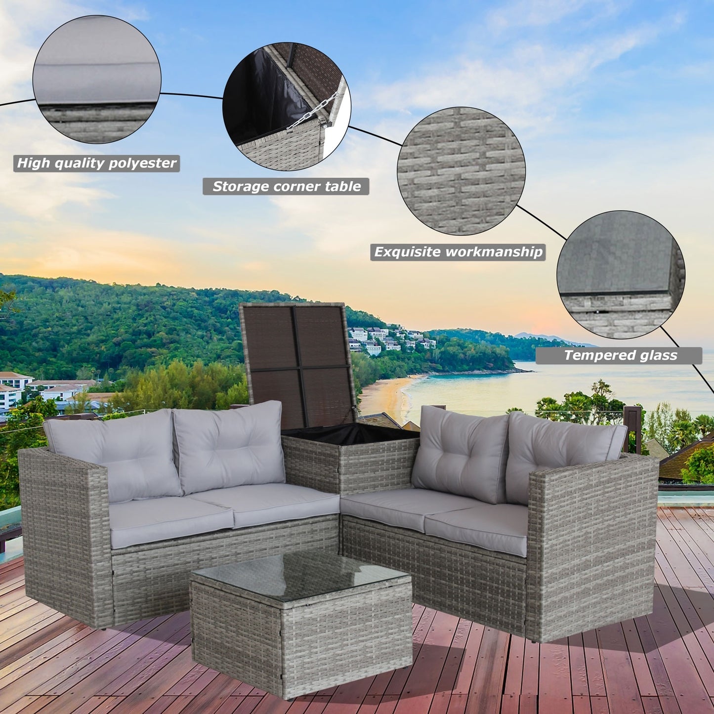 US Local 4Pc Patio Sectional Wicker Rattan Sofa Set W  Storage Box Grey