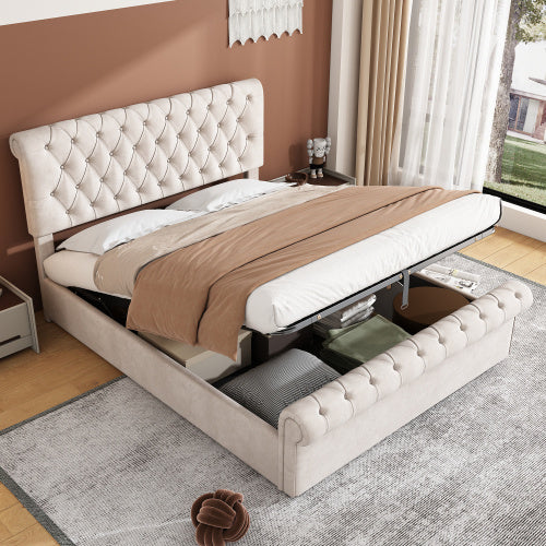 UK Local Upholstered Bed 5ft,150x200, 5ft King Bed, Luxurious Velvet Button-Tufted Sleigh Bed Storage, Functional Bed With Slatted Frame And Storage, Beige