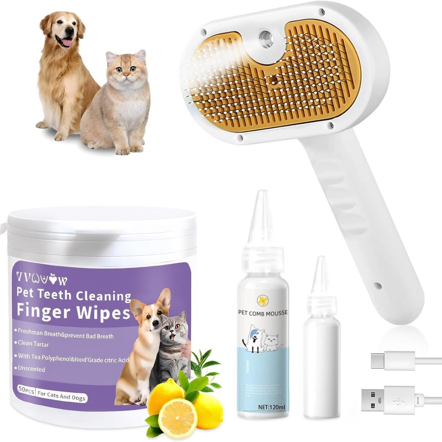 US Local Universal Pet Steam Brush For Cats And Dogs 3-in-1 Spray Hair Removal Comb With Waterless Shampoo And Ear Towel